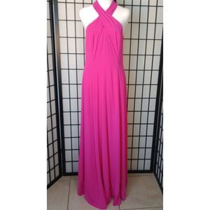 ALEX MARIE Pink/Red Cross Front Drape Back Halter Gown Size 8